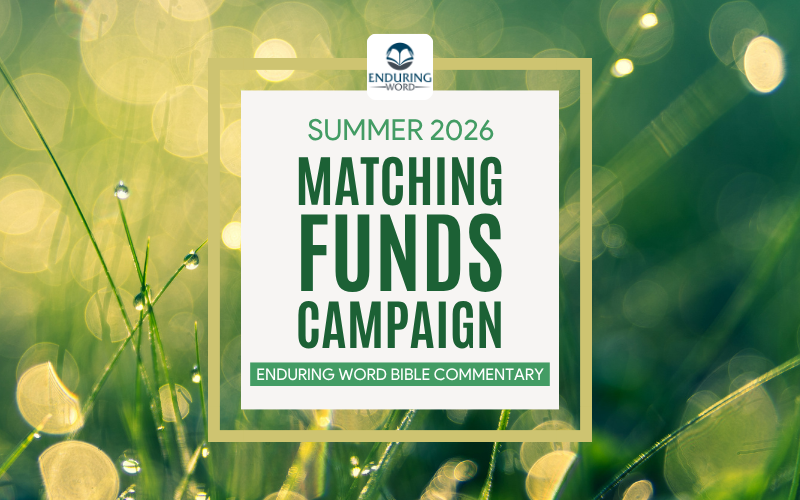 Promotional banner for Summer 2026 Matching Funds Campaign by Enduring Word Bible Commentary, with green bokeh background and logo at top.