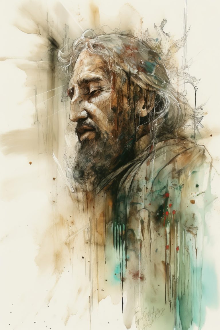 Abstract watercolor portrait of an old man with a long beard and closed eyes, rendered in soft browns and greens.