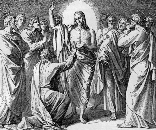 Biblical scene: Jesus appears to his apostles, with Thomas kneeling and touching Jesus' wound in a dimly lit setting